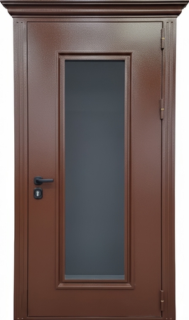 Стальная уличная термодверь с карнизом и большим остеклением (коричневое полимерное окрашивание) Стальная уличная термодверь с карнизом и большим остеклением (коричневое полимерное окрашивание)